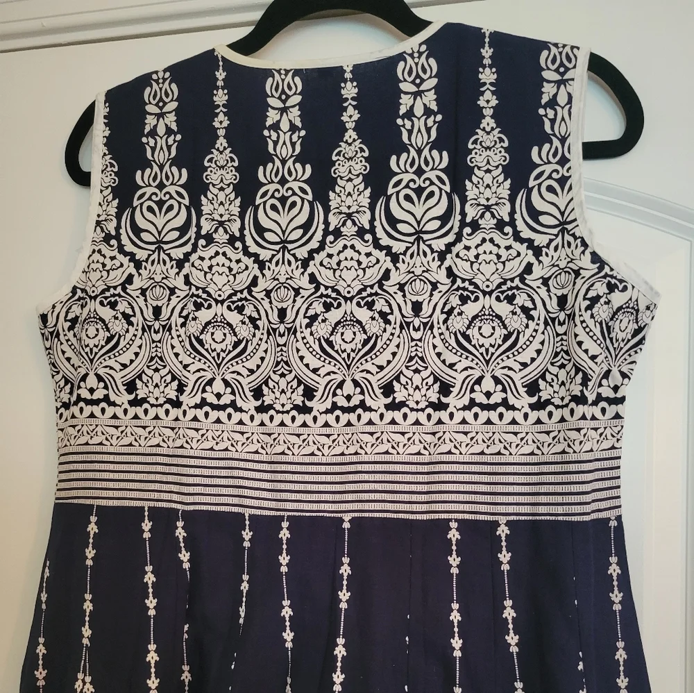 Damask Print Dress Cotton Blend Navy White Boho Statement Size L‎ - Picture 2 of 9